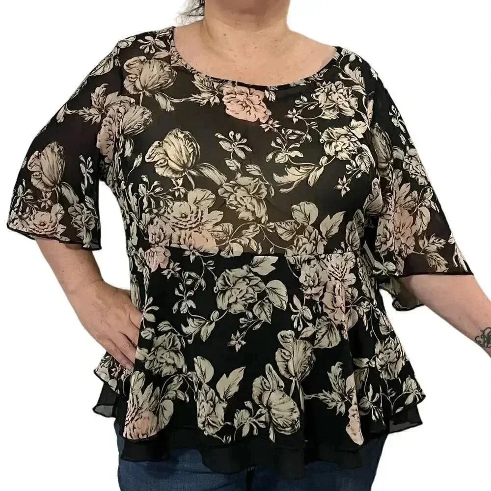 Torrid Floral 3/4 Sleeve Sheer Bouse